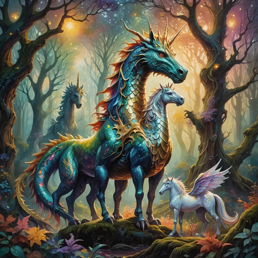 Enchanting Dragon and Unicorn in Fantasy Forest