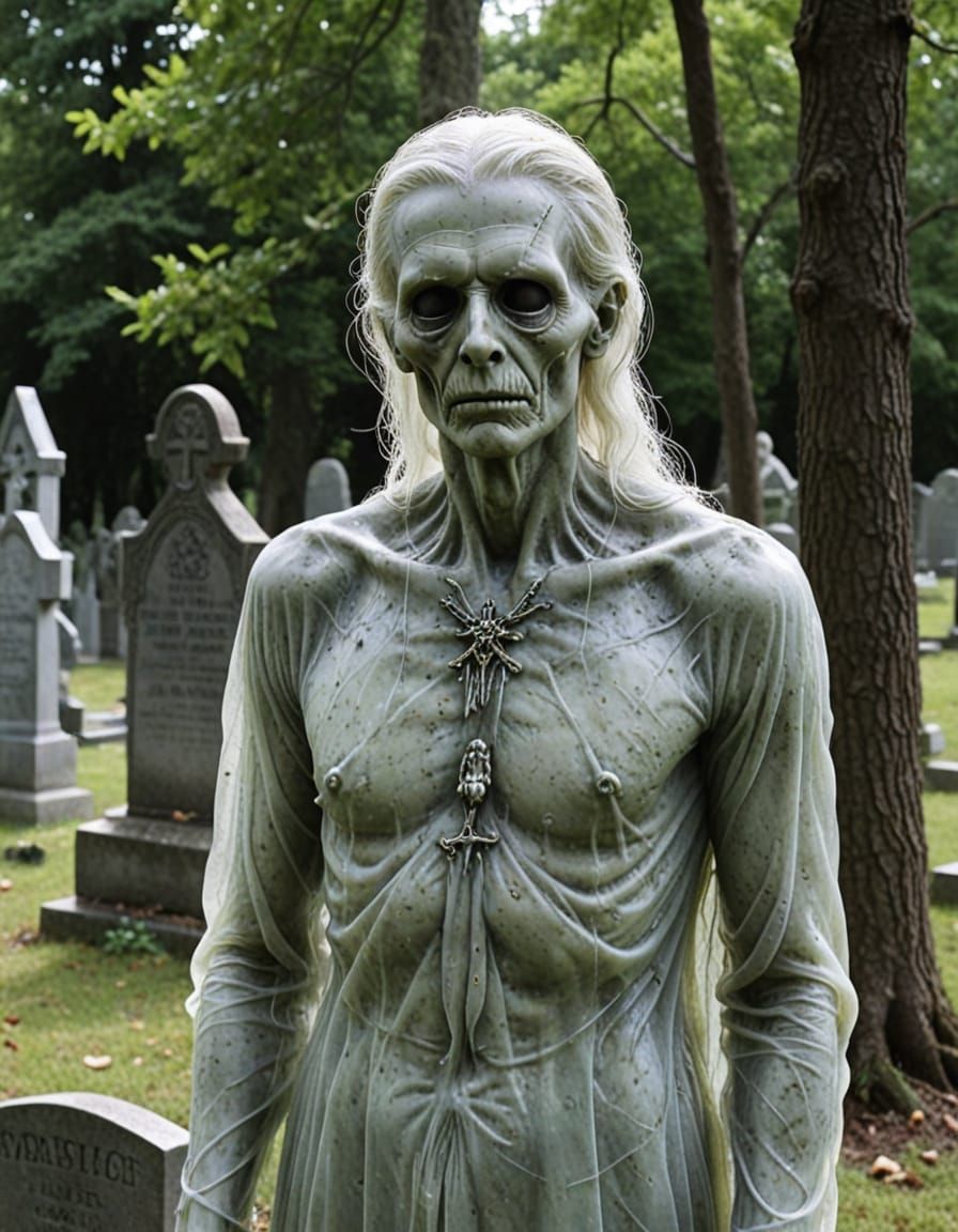 Ethereal Spirit Haunts Graveyard: Macabre Digital Art