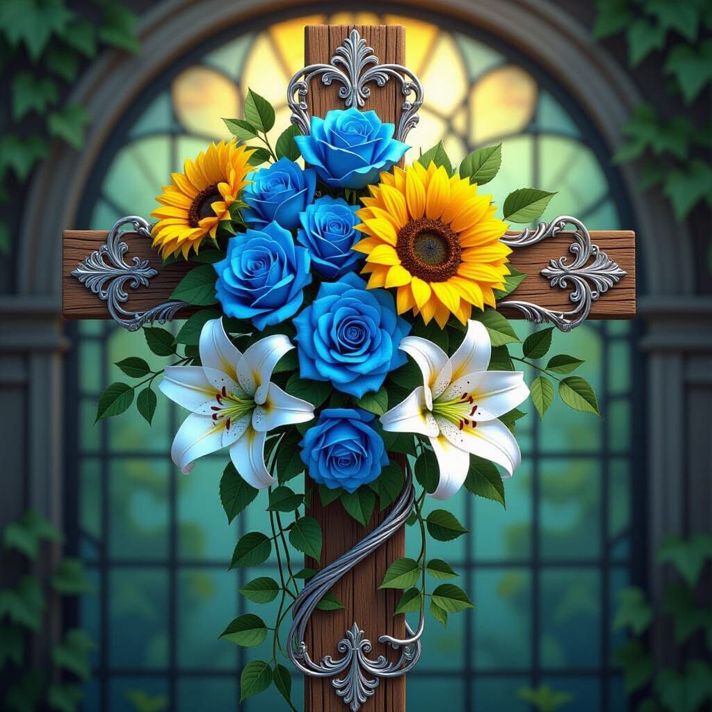 Ornate Wooden Cross with Floral Design, 3D Render