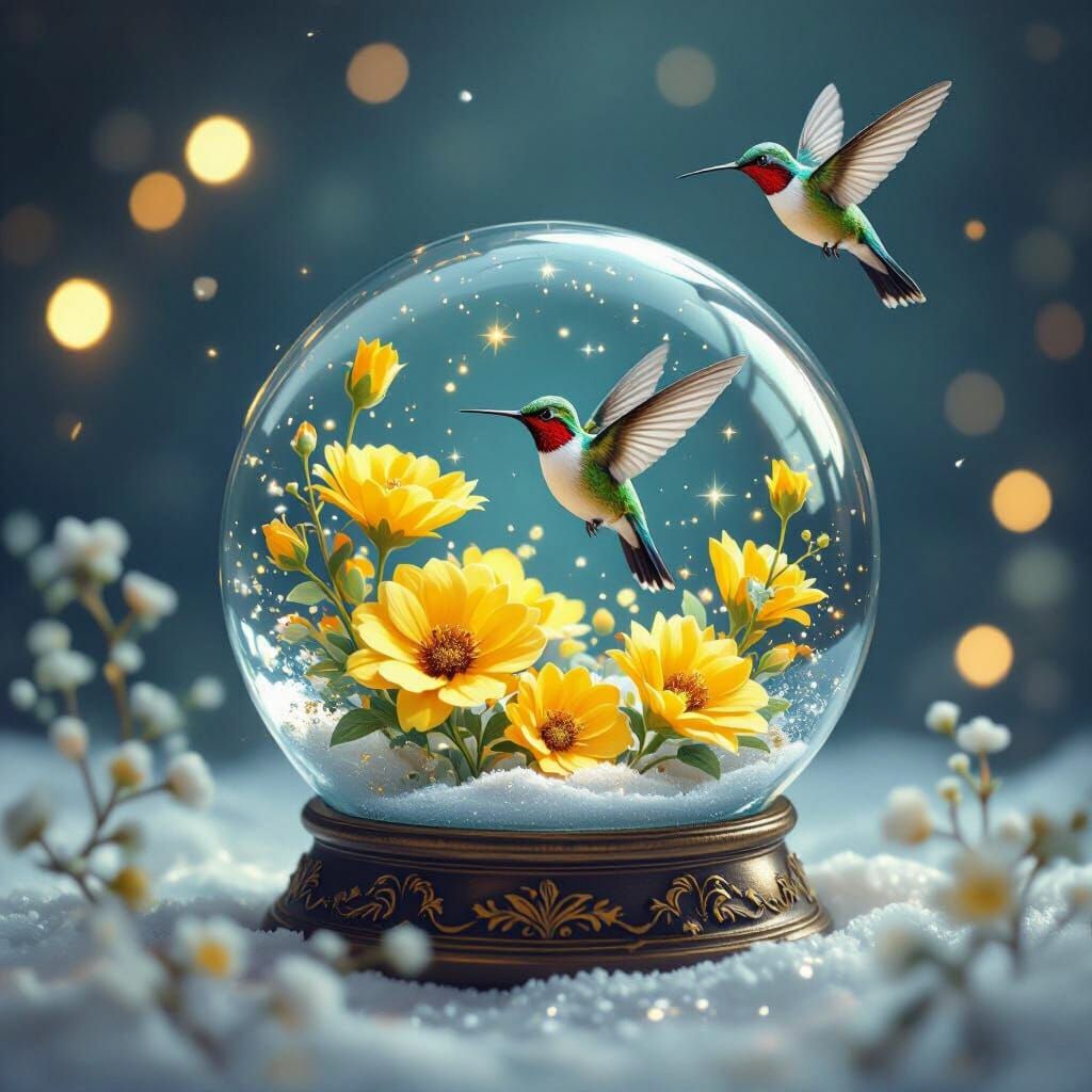 Enchanting Snow Globe with Hummingbirds and Yellow Flowers