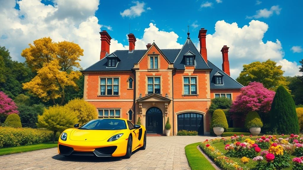 Brick Chateau with Yellow Supercar, Vibrant Garden