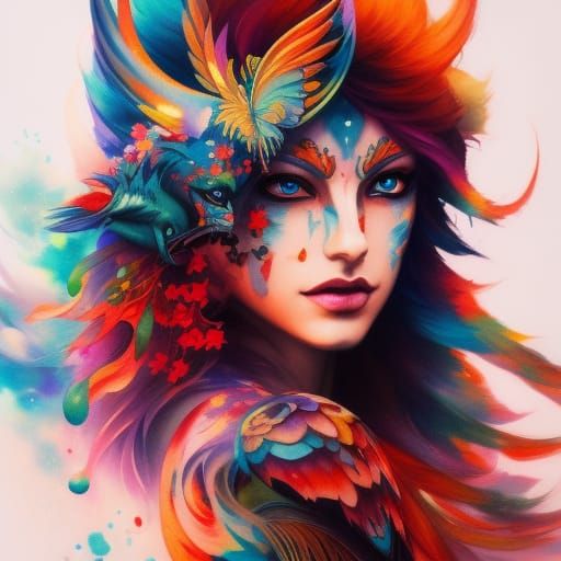 Kitsune Portrait with Watercolor Tattoos in Digital Art