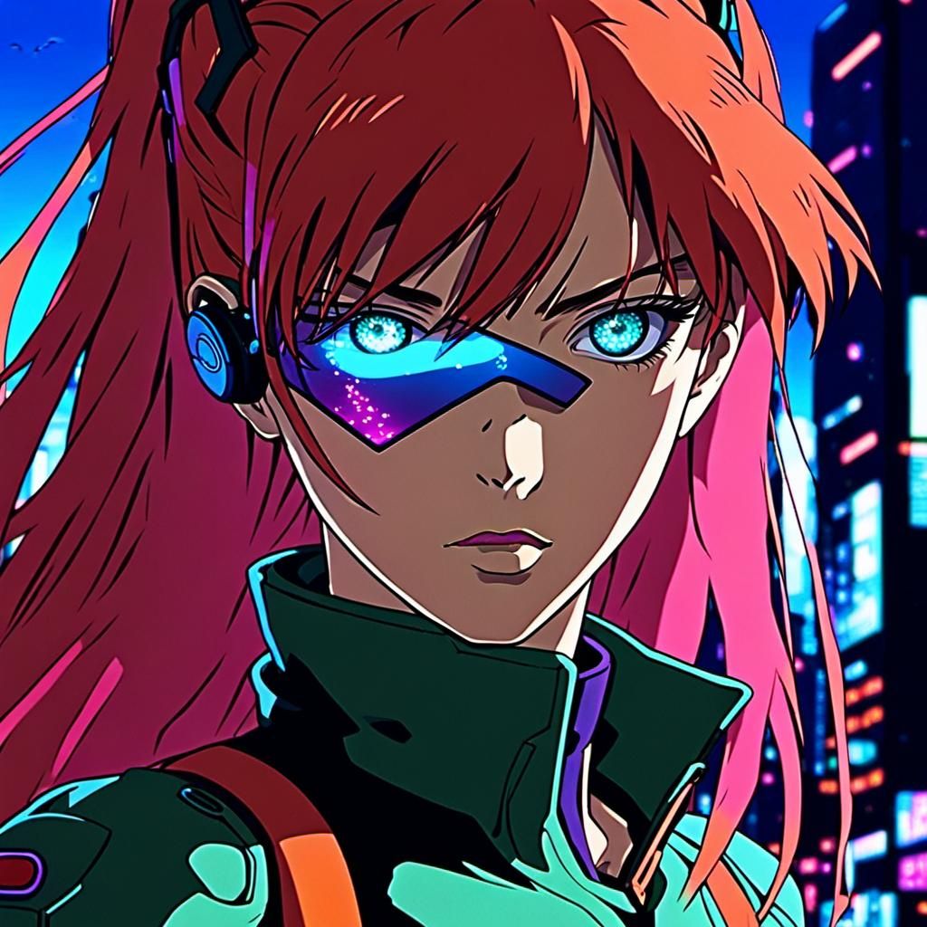 Asuka Langley Soryu in Cyberpunk Neon Cityscape