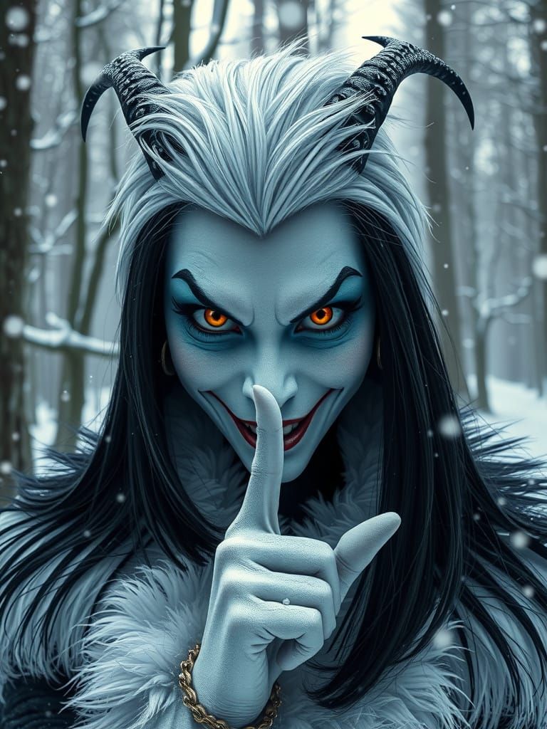 Cruella with White and Black Hair, Making Silence Gesture