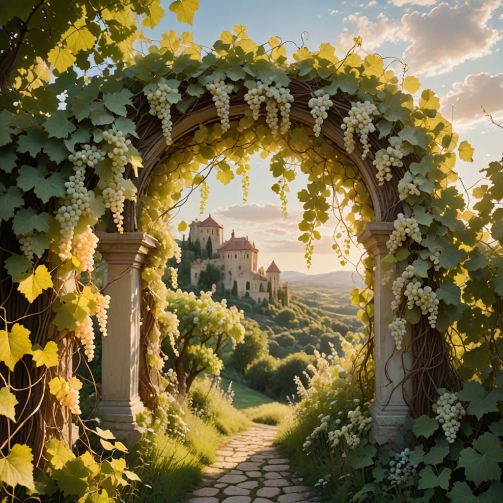 Heavenly Arch of Delicate Grape Vines in Soft Focus