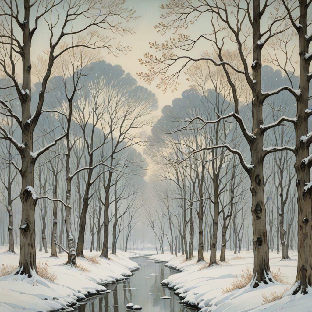 Wintry Landscape with Frosty Trees in Elegant Gouache Style