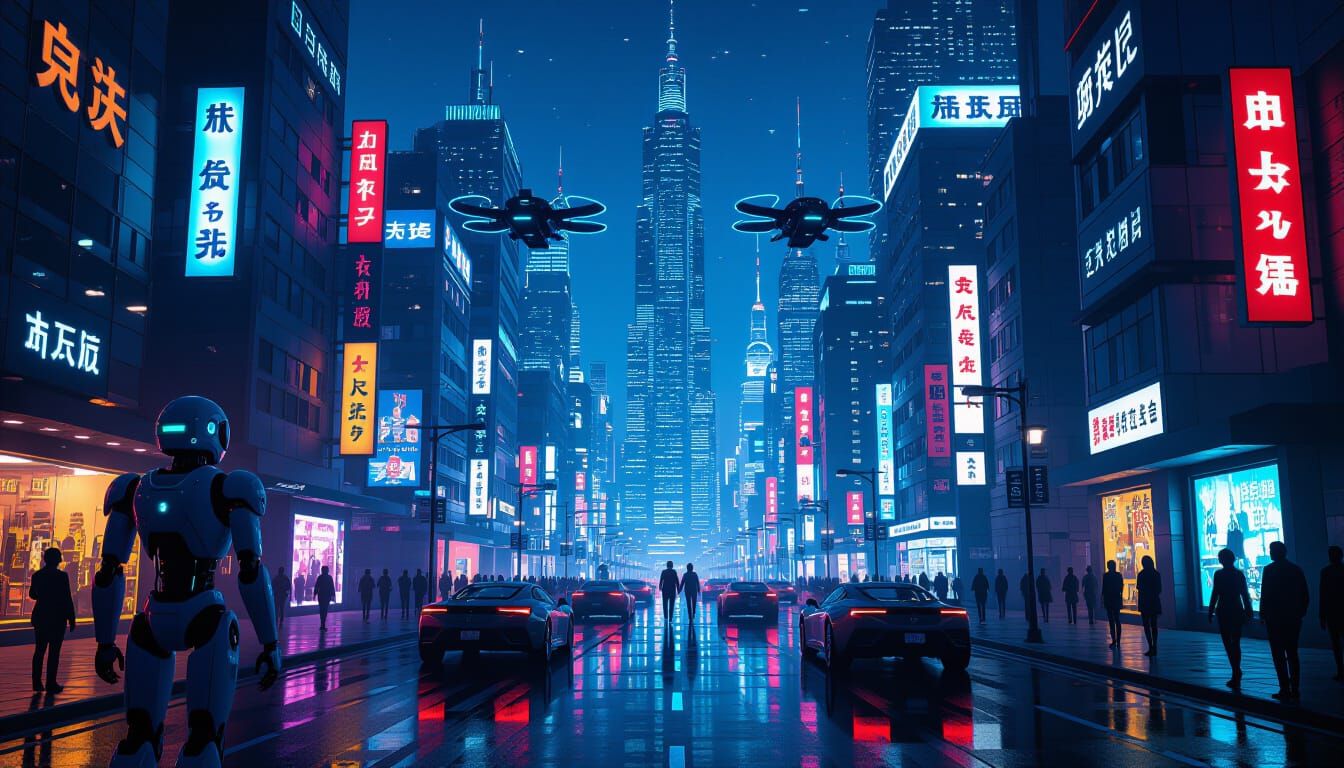 Futuristic Robot City Street at Night