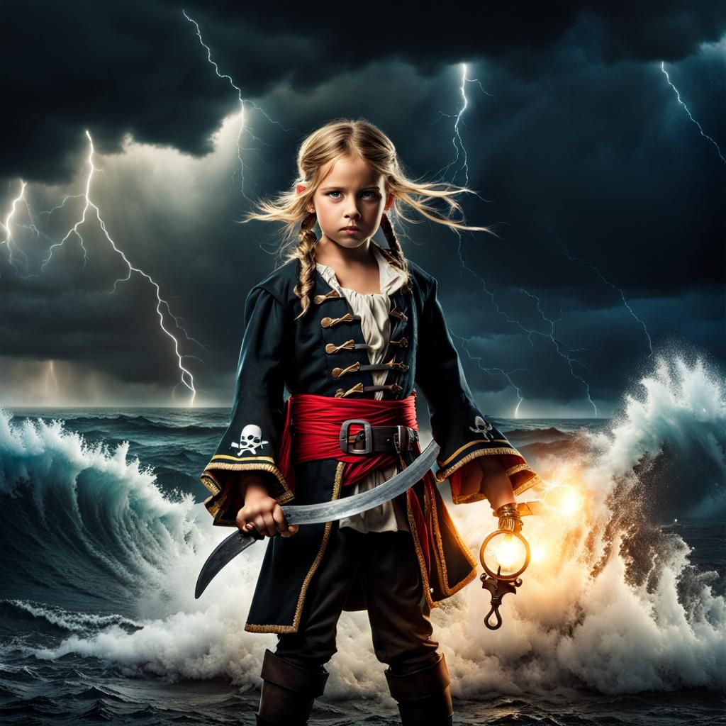 Pirate Girl Confronts Stormy Seas: Hyperrealistic Photo