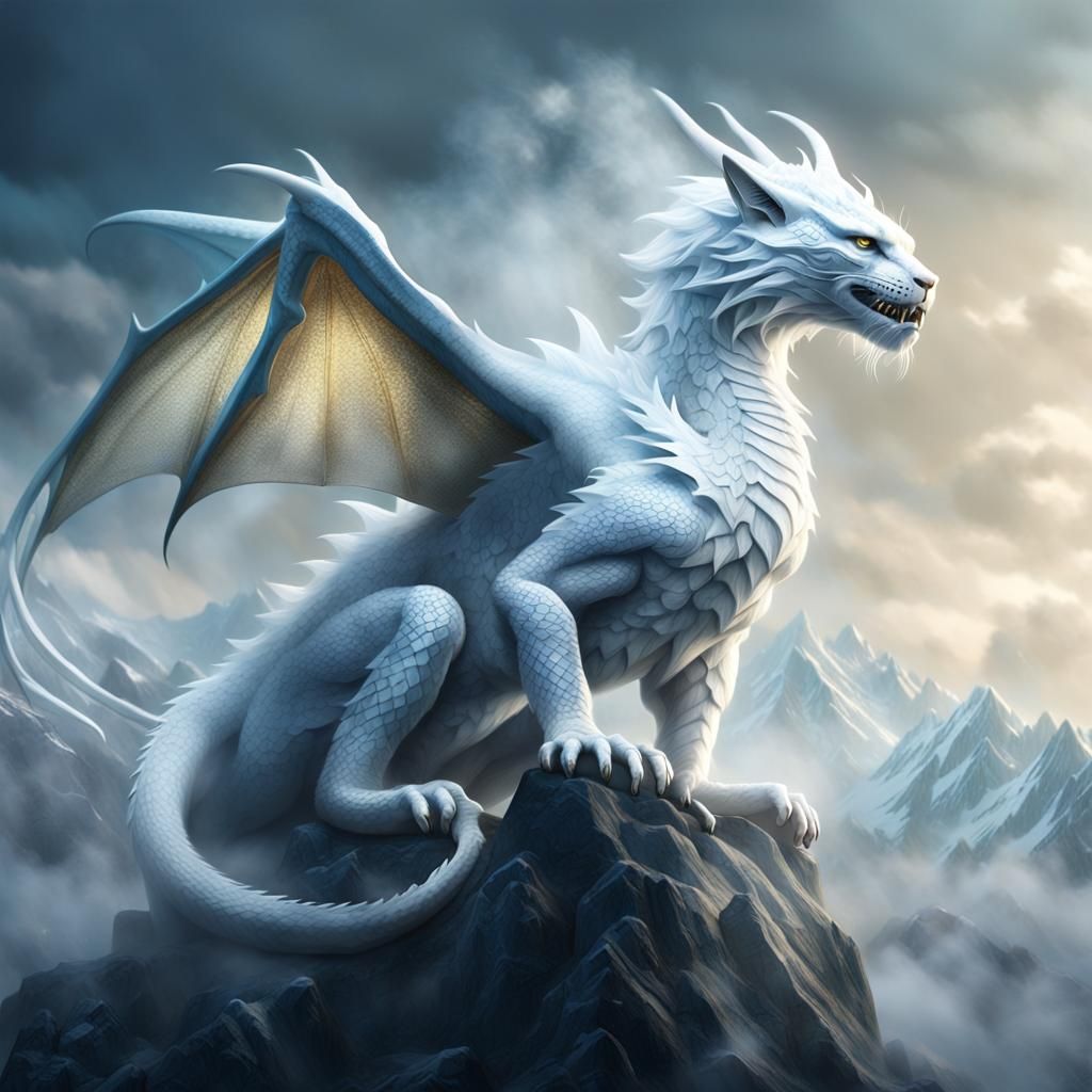 Majestic Feline Dragon on Misty Peak