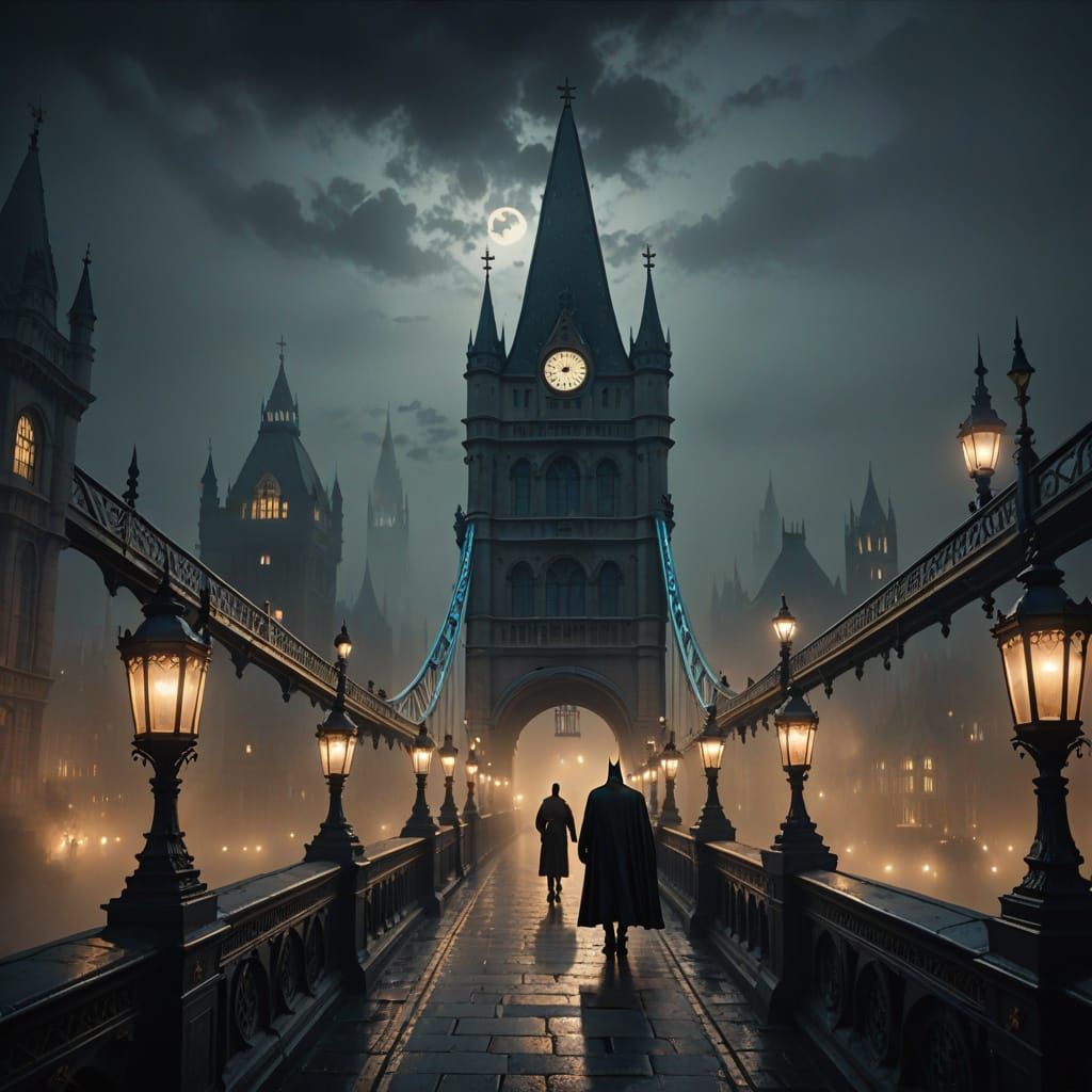 Ethereal Batman on Misty Tower Bridge at Night