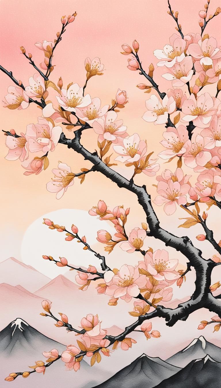 Delicate Cherry Blossom in Woodblock Style