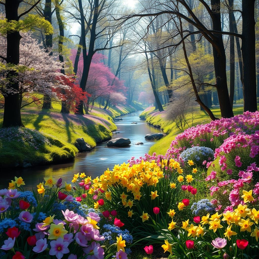 Lush Springtime Forest with Vibrant Flowers and Tranquil Riv...