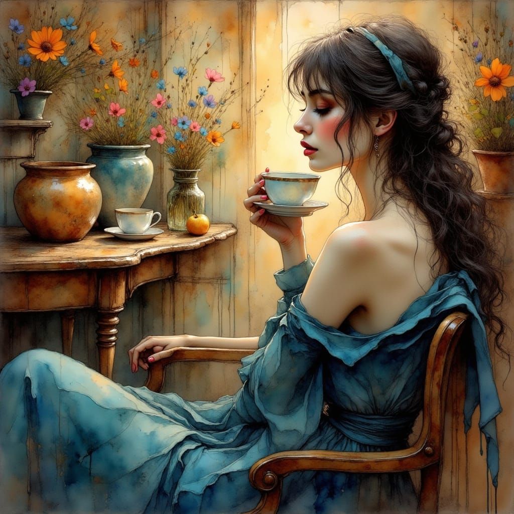 Wistful Woman Drinking Coffee in Ink Poet Style
