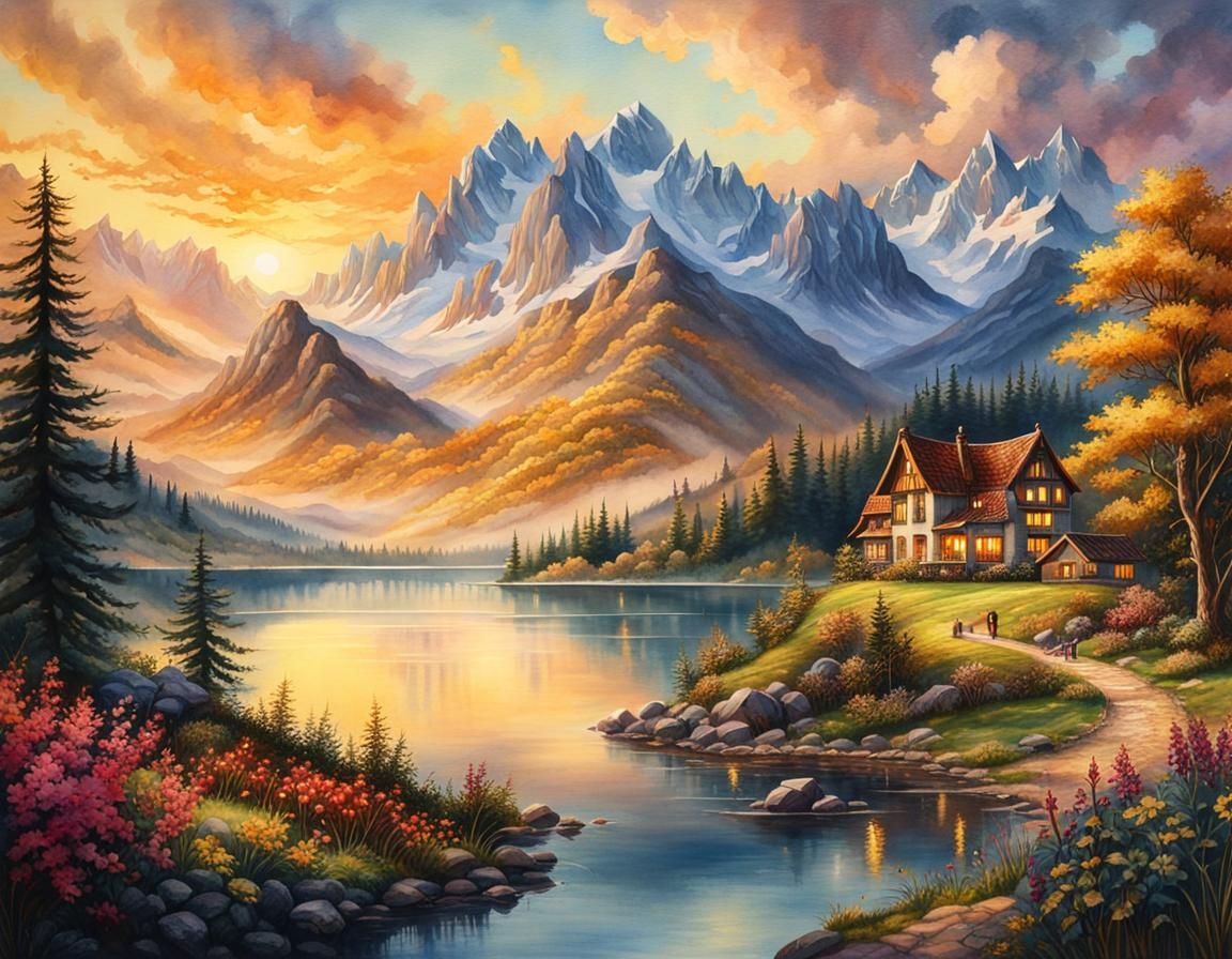 Stunning Lake Landscape in Watercolour Painting