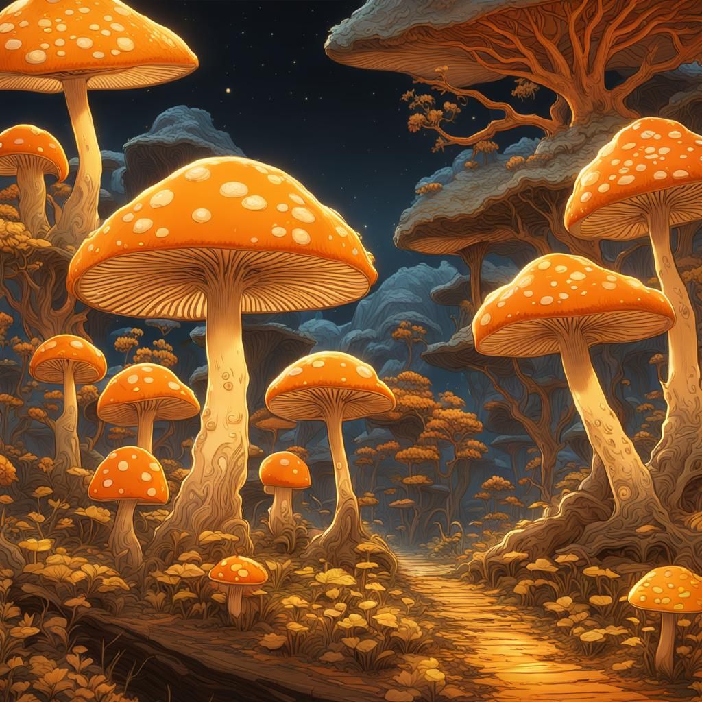 Glowy mushroom,lots of different yellow ,orange, 8k resolution concept art Tim Burton hyperdetailed intricately detailed...