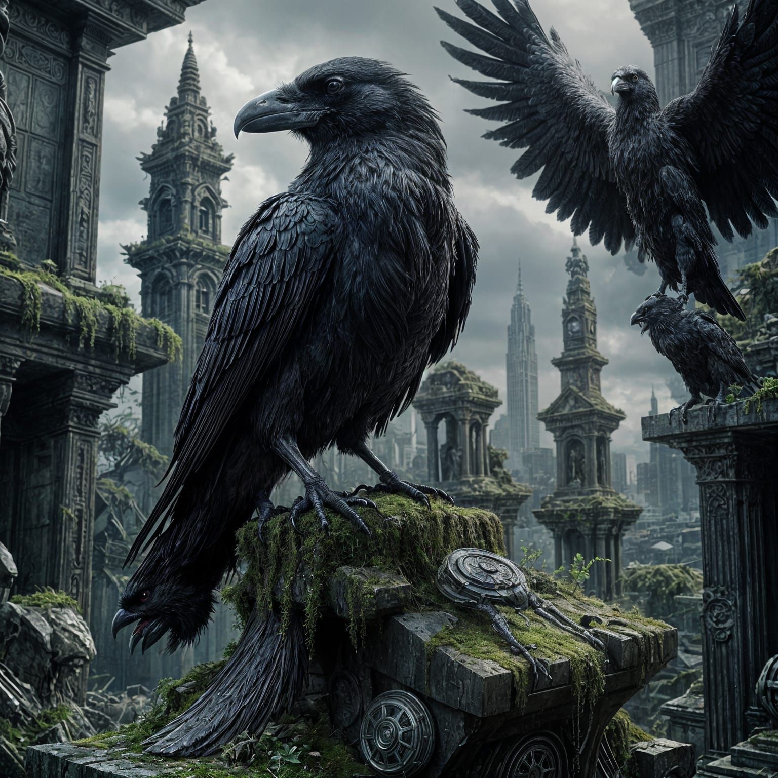 Cybernetic Raven in Overgrown Futuristic City