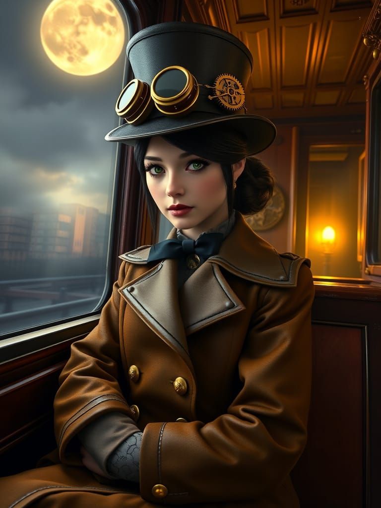 Steampunk Girl in Luxurious Train Carriage