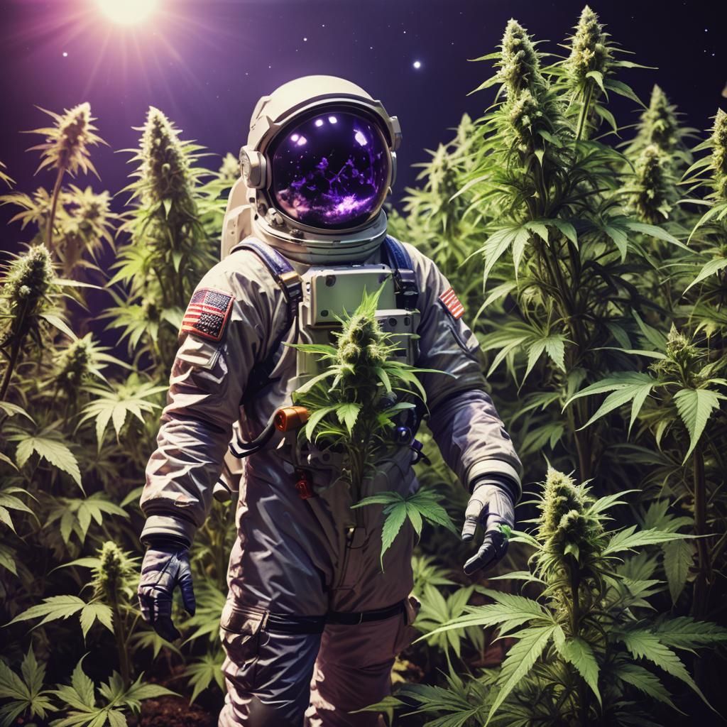 Trippy Amethyst Astronaut with Cannabis Plants