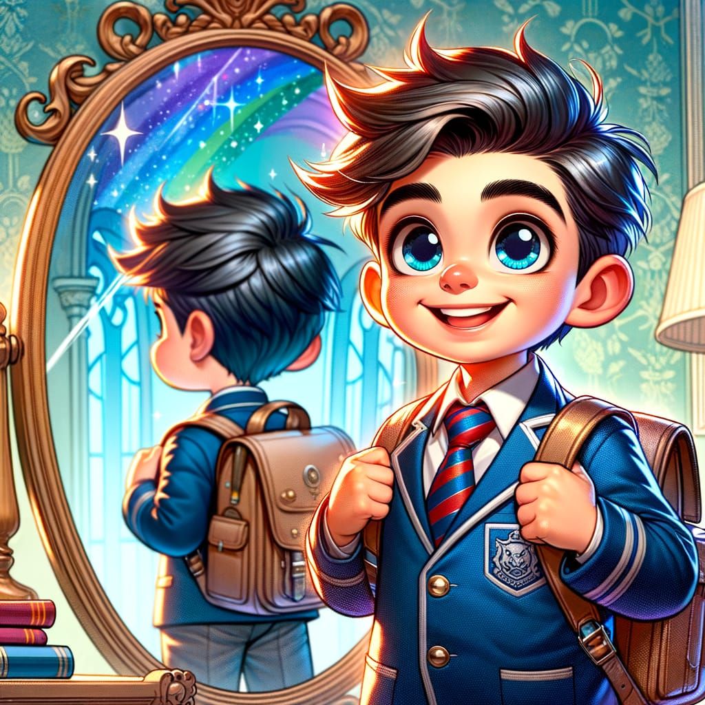 Smiling Boy in School Uniform, Matte Painting Style
