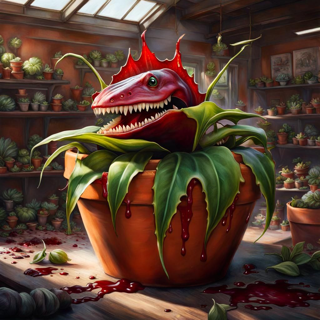 Gigantic Grinning Venus Flytrap in Destroyed Shop
