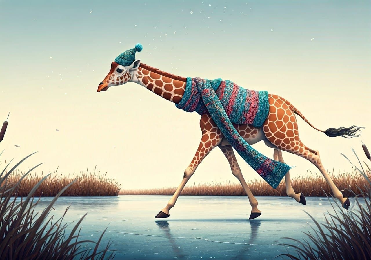 Giraffe Ice Skating in Winter Wonderland