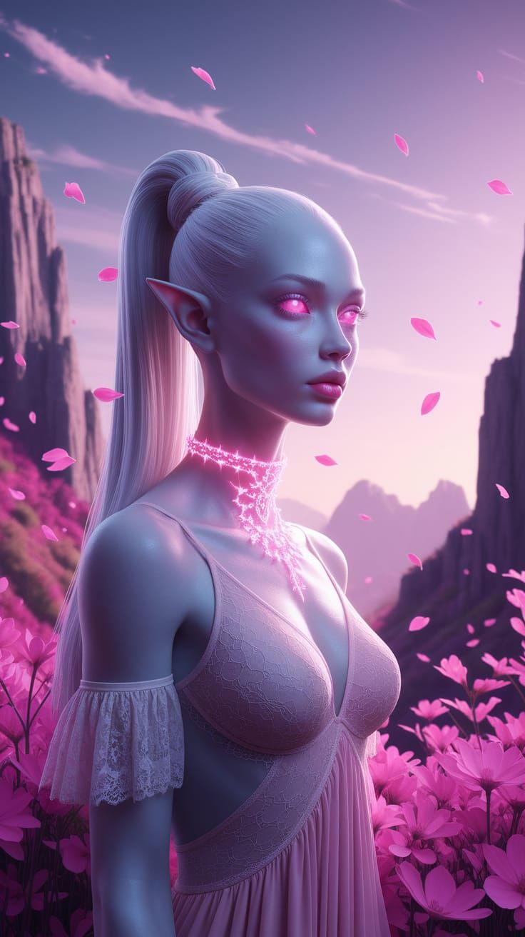 Alien Beauty Amidst Pink Flora: Retro-Futuristic Dreamscape