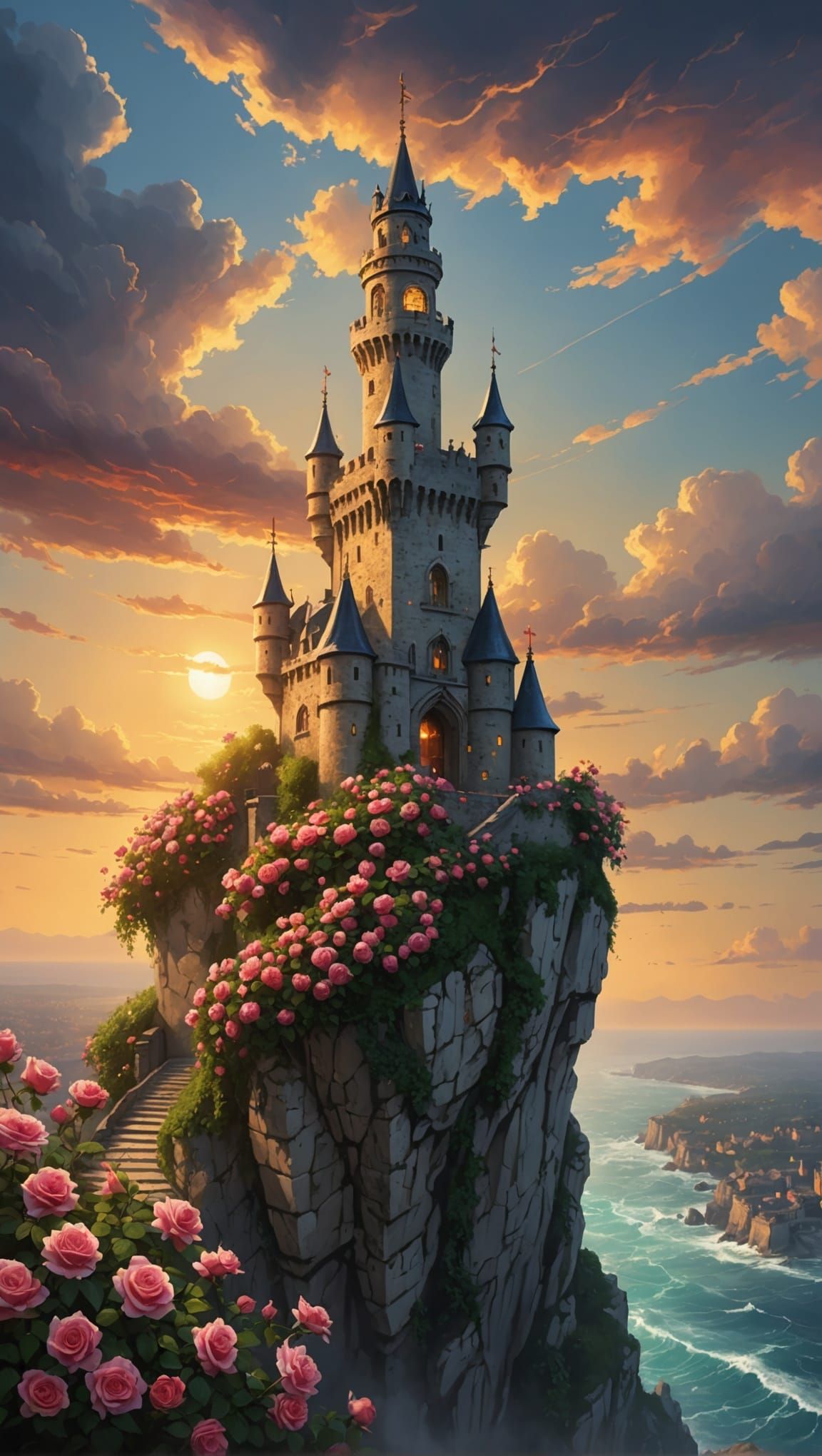 Gloomy Rose Tower on Cliff at Sunset