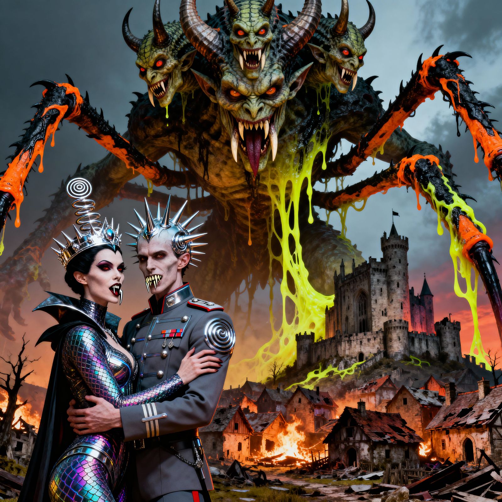 Eerie Futuristic Empress Vampire Embracing Emperor Vampire