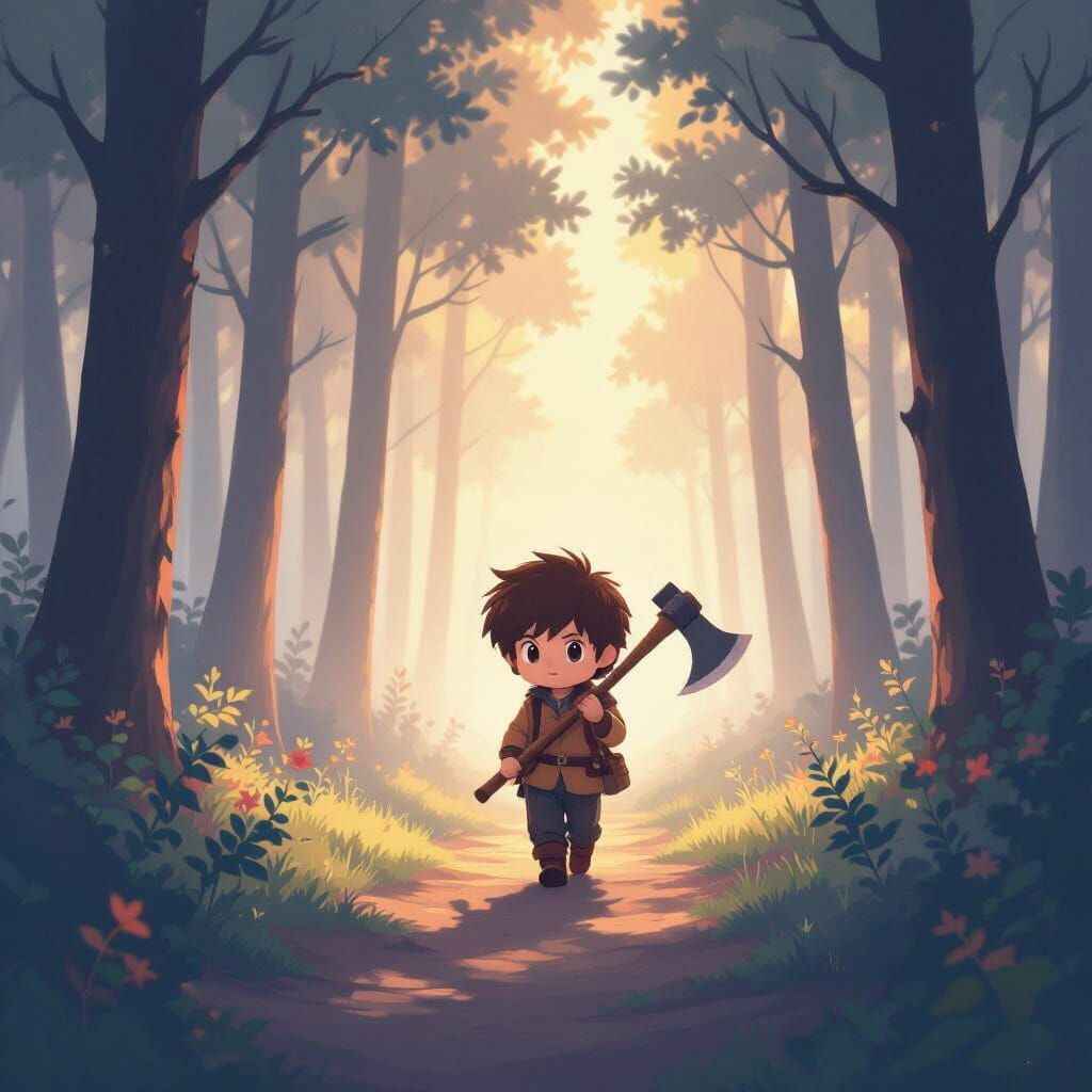 Chibi Woodcutter Enters Misty Forest in Anime Style