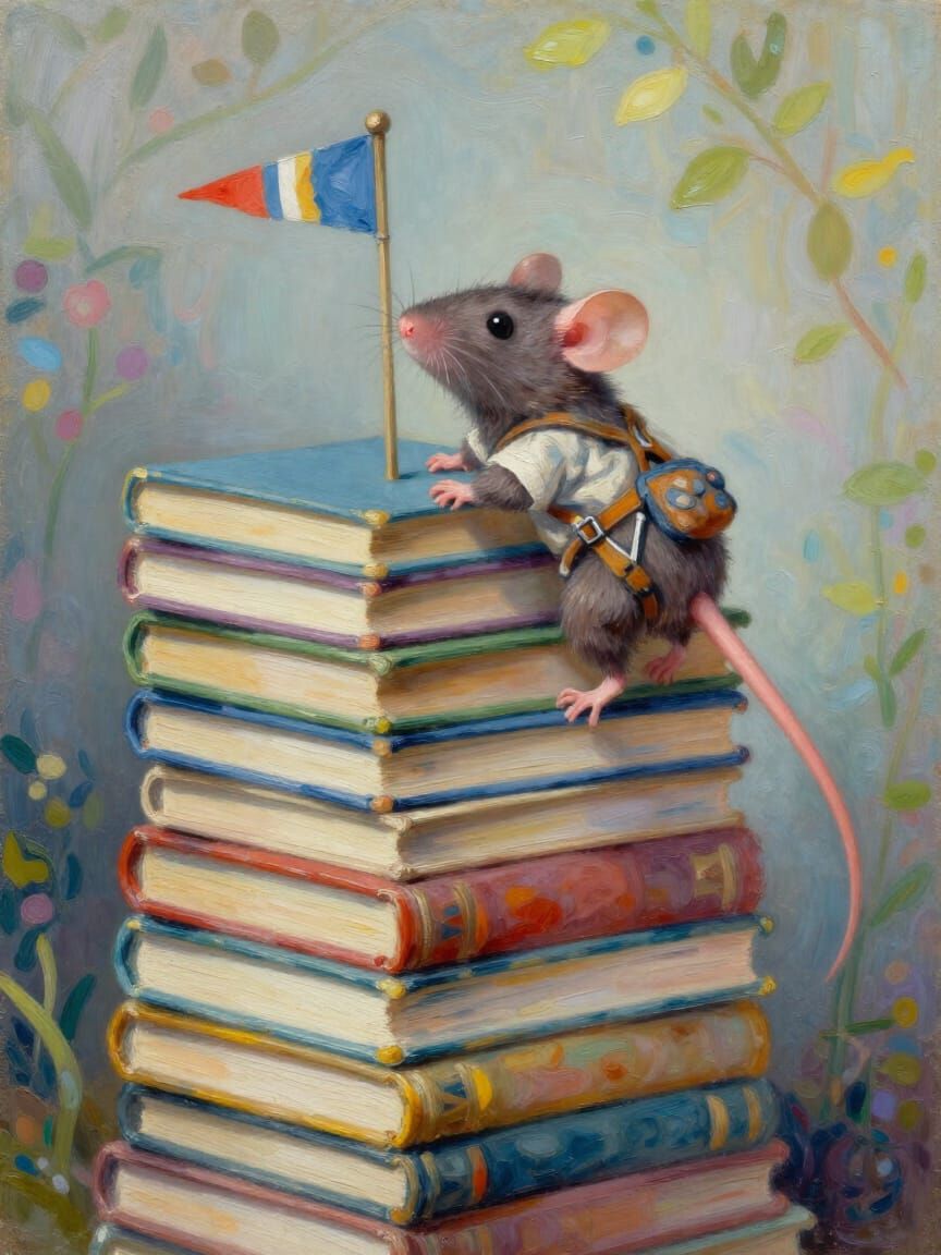 Tiny Mouse Climbs Book Stack in Ethereal Fantasy Style
