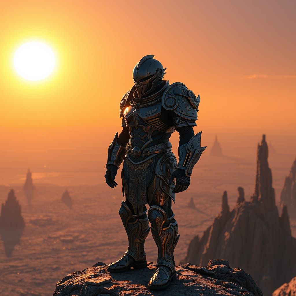 Stoic Soldier in Baroque Armor on Alien World
