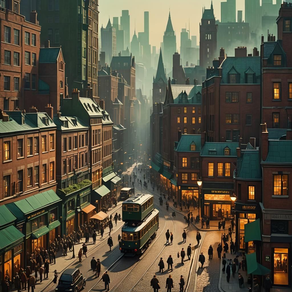 Lowry Style Cityscape with Warm Sunlight