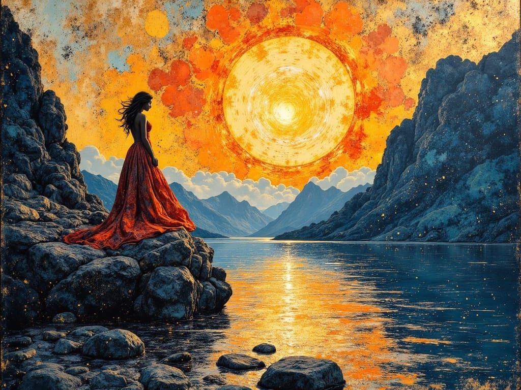 Aphrodite Amidst a Fiery River in Surrealist Oil Painting St...