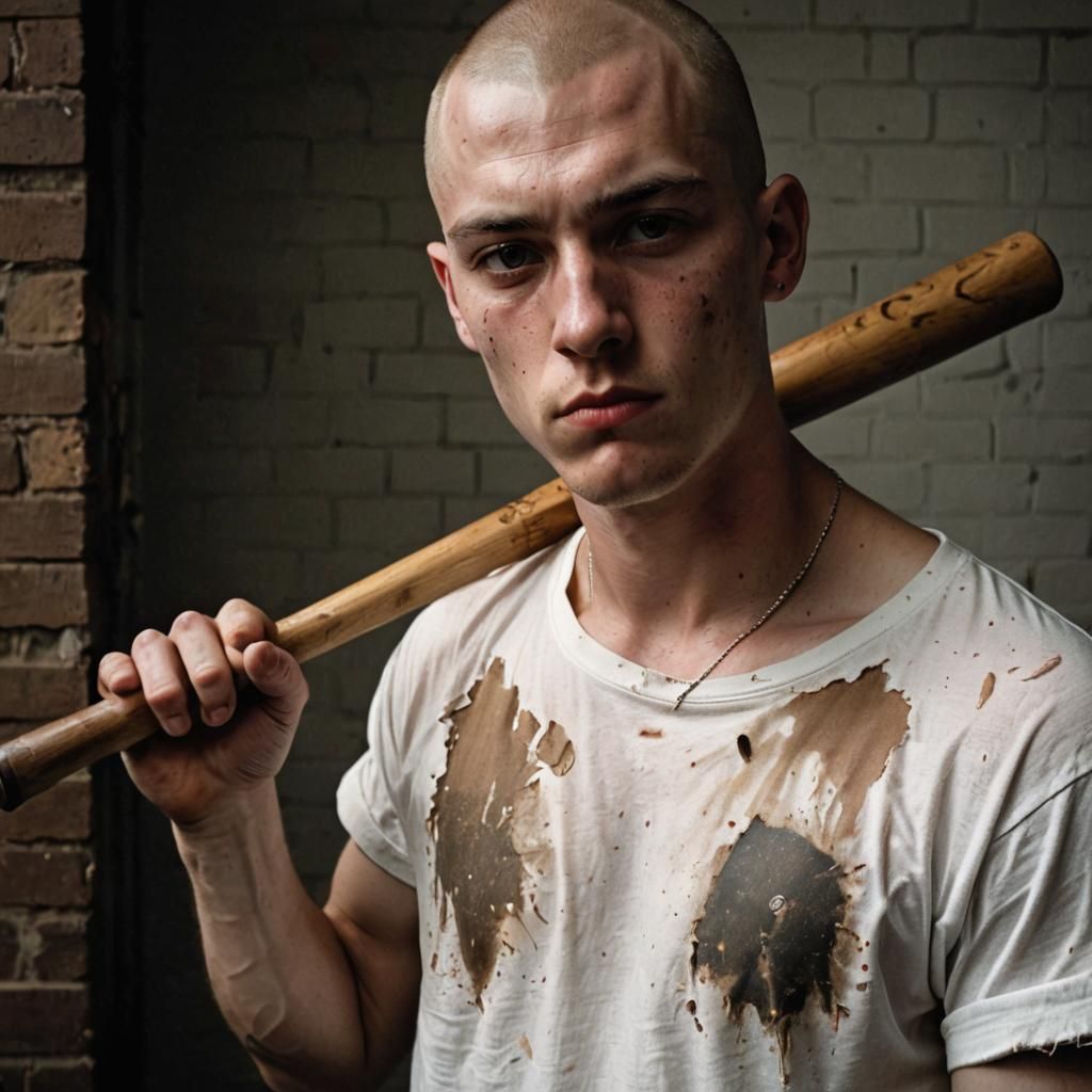 Young Skinhead with Baseball Bat Portrait