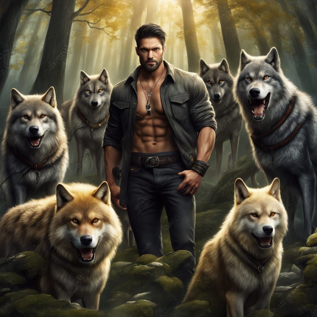Muscular Man with Yellow Eyes Befriends Wolves in Fantasy Fo...