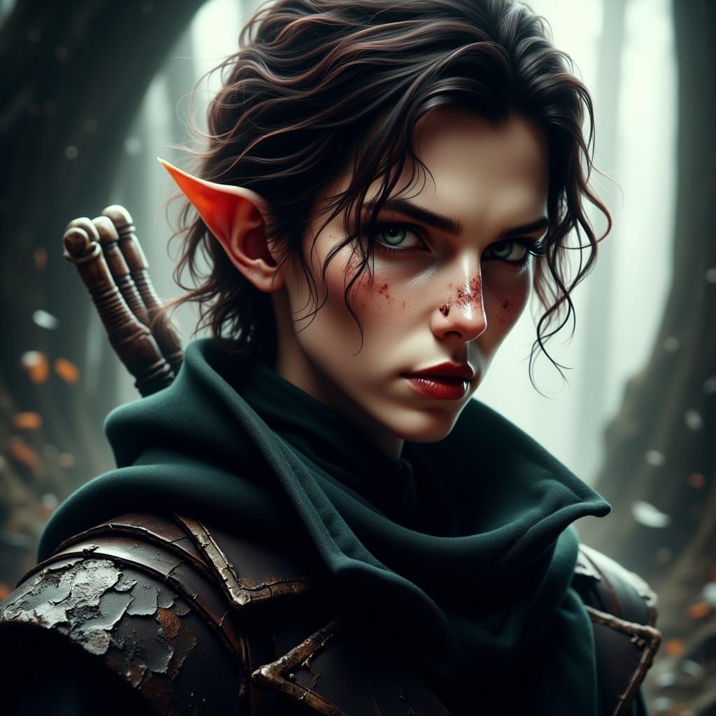 Dark Half-Elf Ranger with Ambiguous Features in Realistic Po...