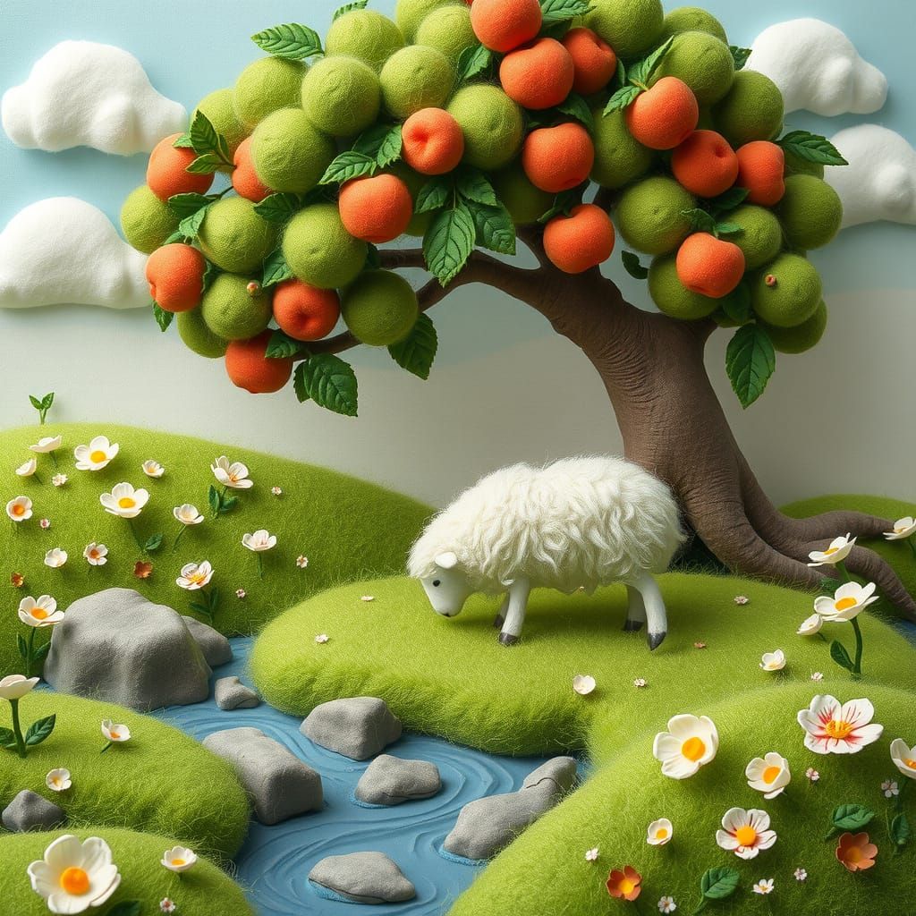 Felted Sheep in Anime-Style Pastoral Landscape
