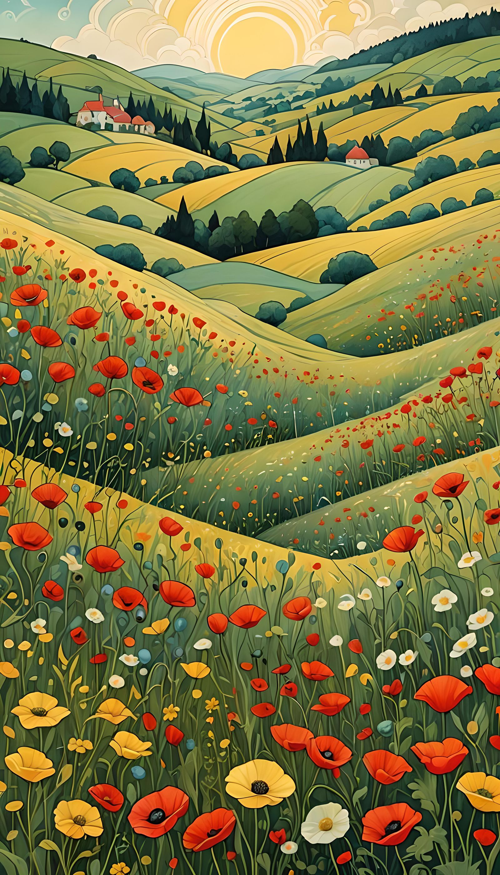 Sunny Poppy Fields in Art Deco Style