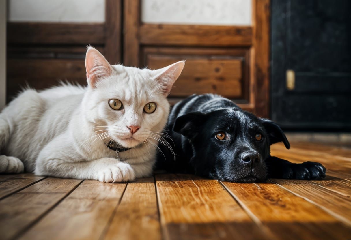Black Dog and White Cat on Wooden Floor