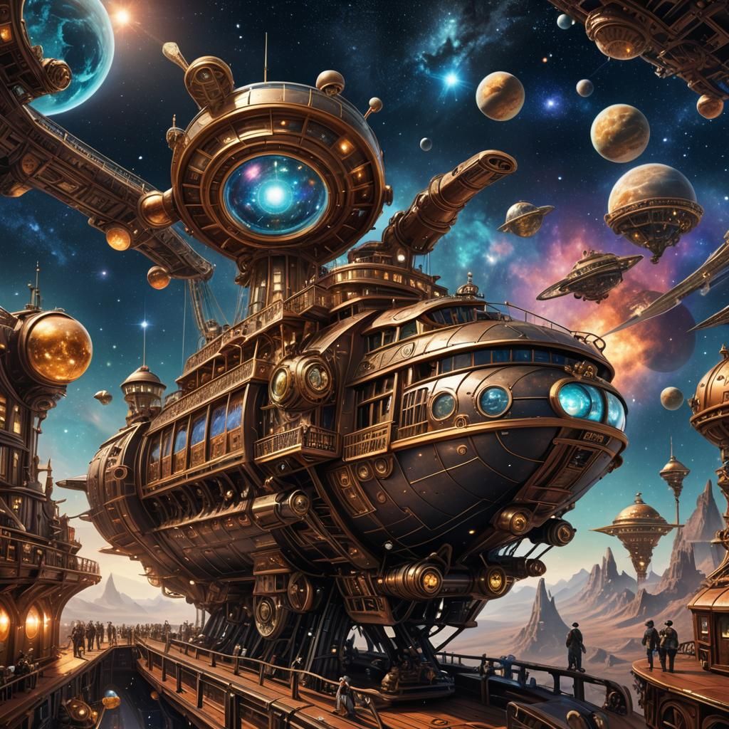 Steampunk Cruise Ship Soaring Through Galaxy