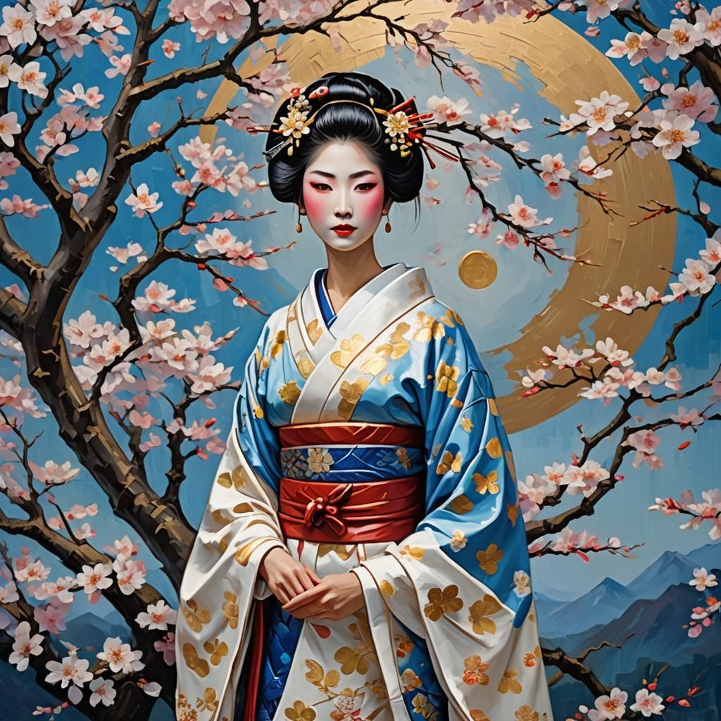 Geisha Under Sakura Tree: Impasto Neo-Impressionist Oil Pain...