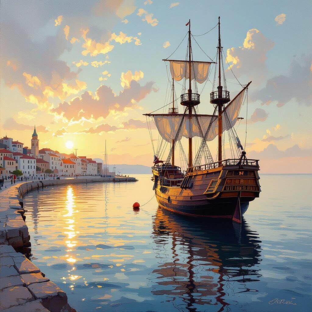 Old Galleon in Harbor, Oil Painting Style