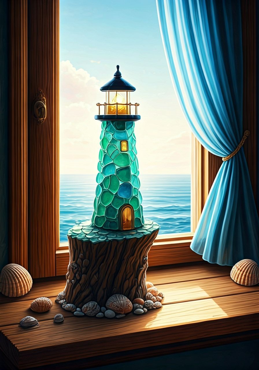 Whimsical Sea Glass Lighthouse Sculpture on Windowsill