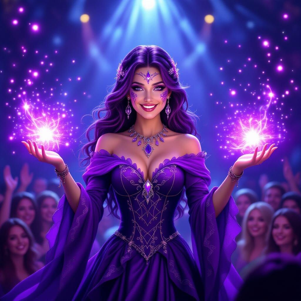 Medieval Enchantress Casts Spell in Purple Magic