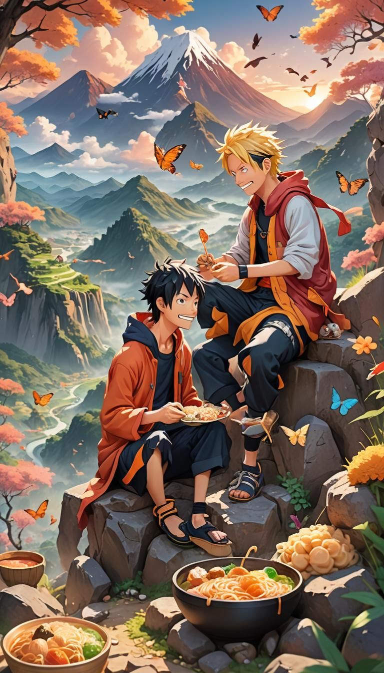 Luffy and Naruto Enjoying Meal in Anime Landscape