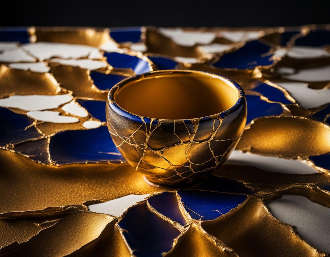 Kintsugi Pottery with Golden Crack Repair