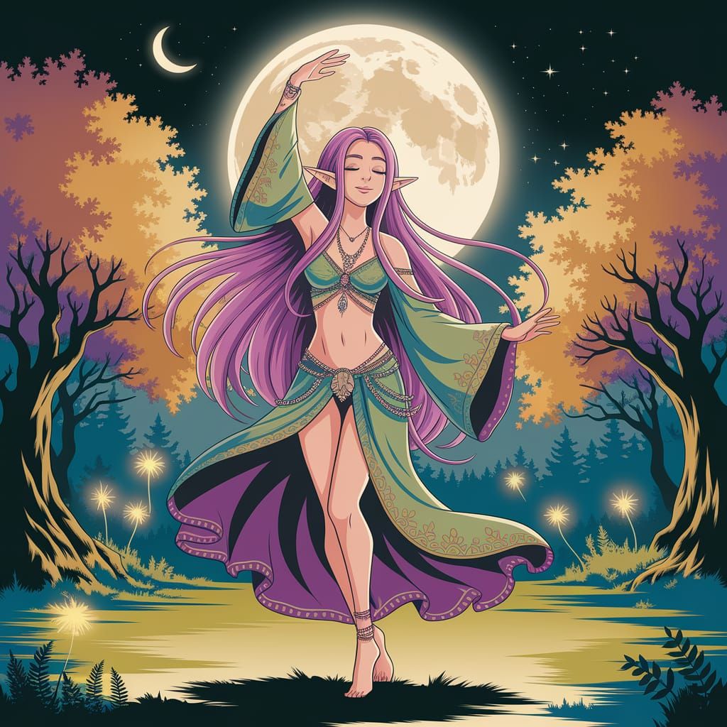 Anime Forest Elf Dancing in Moonlight