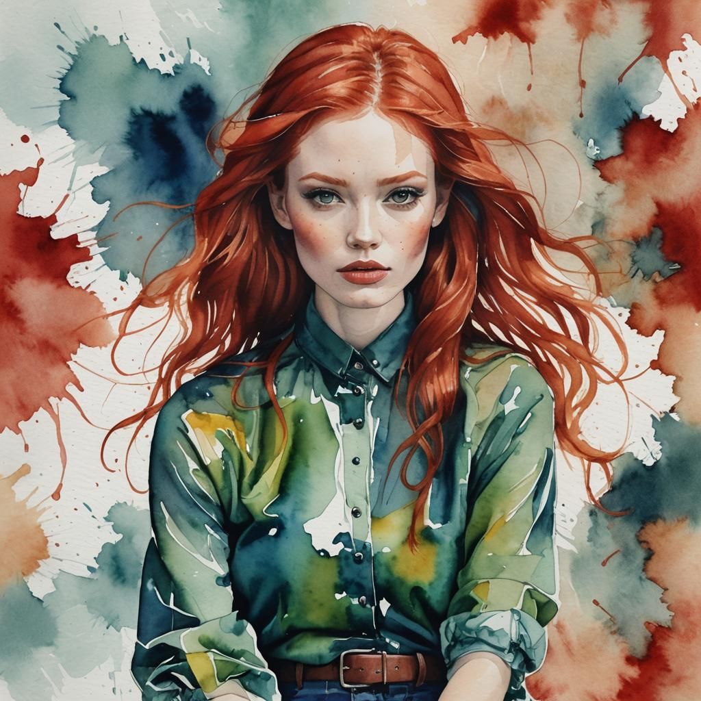 Watercolor Fashion Model with Red Hair