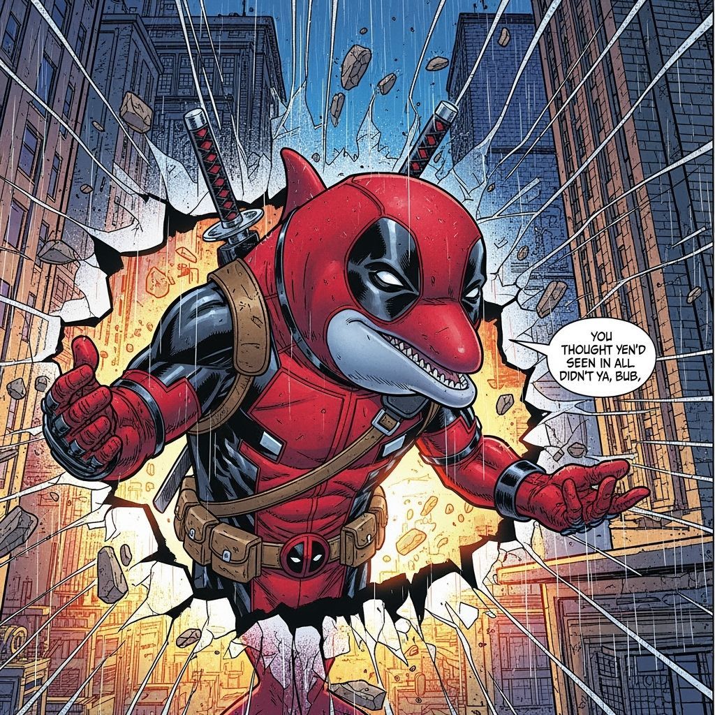 Deadpool Dolphin Bursts from Comic Book Panel