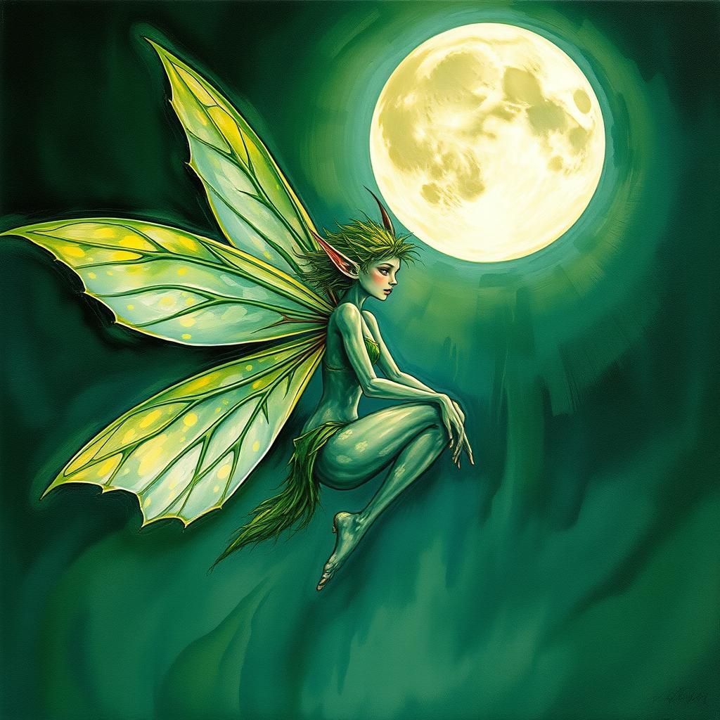 Ethereal Green Fairy Elf in Impasto Watercolor Style